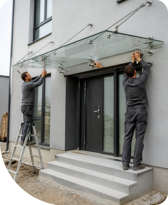 Изготовление и монтаж стеклянных козырьков под ключ в Сланцах